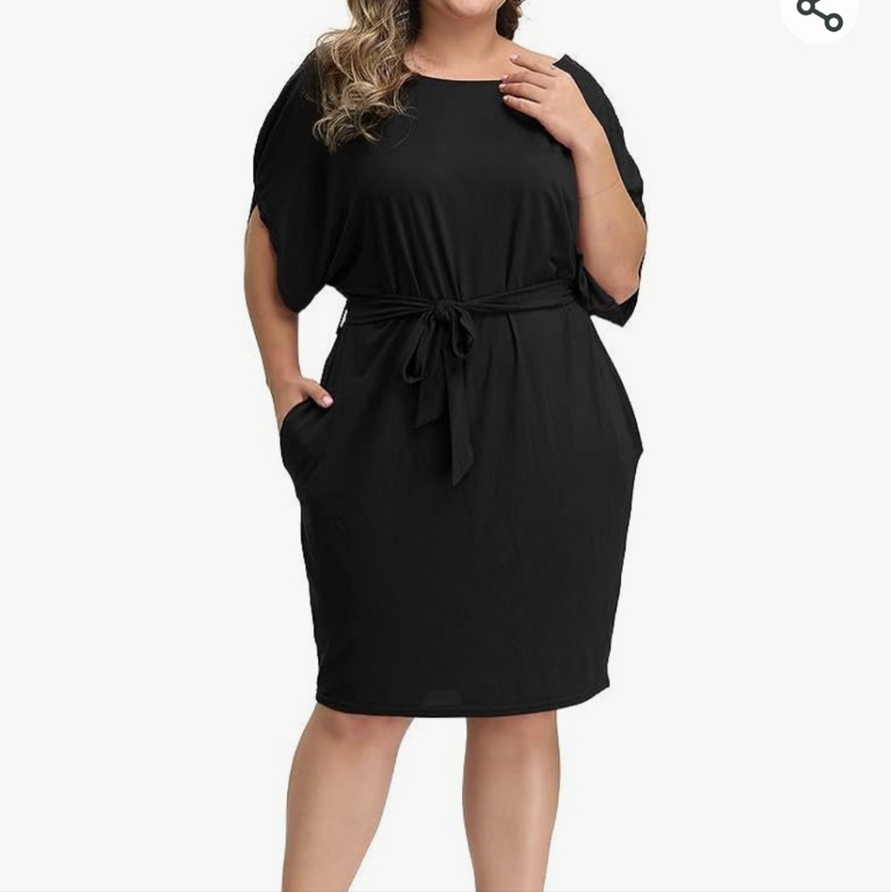 ALLEGRACE Women's Plus Size Casual Dresses Summer Pocket Boat Neck Batwing Short